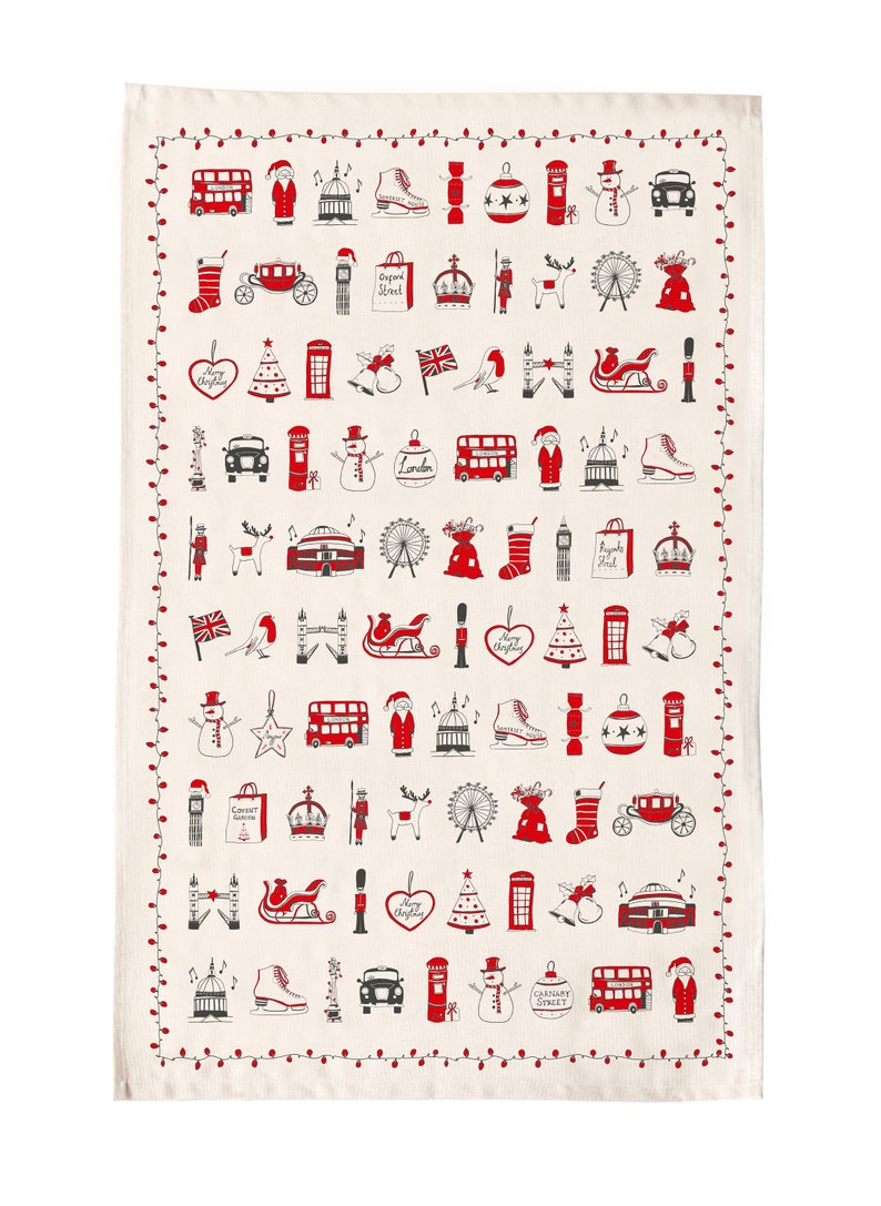 London Christmas Tea Towel, Cotton Tea Towel, Cotton Kitchen Towel, Cotton Dish Towel, Handmade in UK image 2