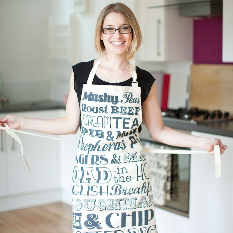 English Dinner Apron Lovingly Made In Britain, Cotton Apron, Screen-printed Apron, Kitchen Gift, Housewarming Gift image 1