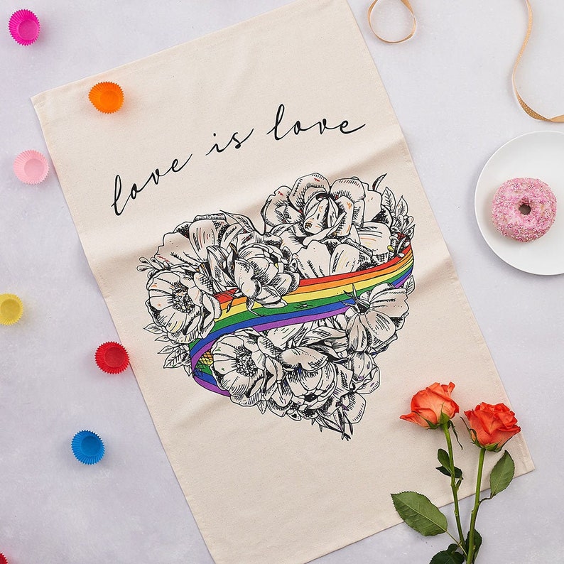 Love is Love LGBTQ Pride Tea Towel, Cotton Tea Towel, Cotton Kitchen Towel, Cotton Dish Towel, Handmade in UK image 1