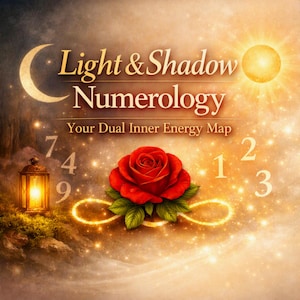 May include: A digital graphic titled Light & Shadow Numerology: Your Dual Inner Energy Map. It features a crescent moon, a glowing sun, a red rose with green leaves, a lit lantern, and the numbers 1, 2, 3, 4, 7, and 9 on a golden background.