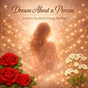 May include: A digital graphic featuring the text "Dream About a Person" and "Intuitive Symbol & Energy Reading" above a glowing, ethereal silhouette of a person surrounded by sparkling golden light, with red roses and white flowers below.