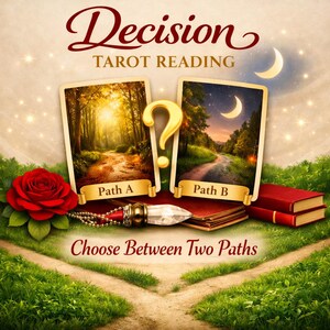 May include: A Decision Tarot Reading graphic featuring two cards labeled Path A and Path B, a golden question mark, a red rose, a crystal pendulum, and two red books. The text reads Decision Tarot Reading and Choose Between Two Paths.