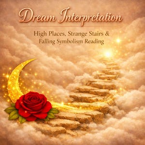 Puede incluir: Un gráfico digital titulado Dream Interpretation: High Places, Strange Stairs & Falling Symbolism Reading. Presenta una escalera de piedra que asciende hacia nubes doradas, una luna creciente amarilla brillante y una rosa roja vibrante con hojas verdes.
