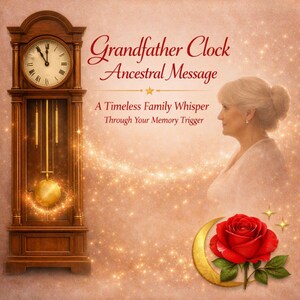 May include: A tall wooden grandfather clock with a gold pendulum stands beside a profile illustration of an older person. The text reads: Grandfather Clock Ancestral Message, A Timeless Family Whisper, Through Your Memory Trigger. A red rose and gold crescent moon are at the bottom.