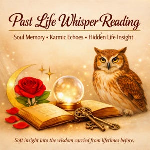 May include: A digital illustration featuring an owl, a crystal ball, an open book, a red rose, and a golden key. Text reads: Past Life Whisper Reading, Soul Memory, Karmic Echoes, Hidden Life Insight, and Soft insight into the wisdom carried from lifetimes before.