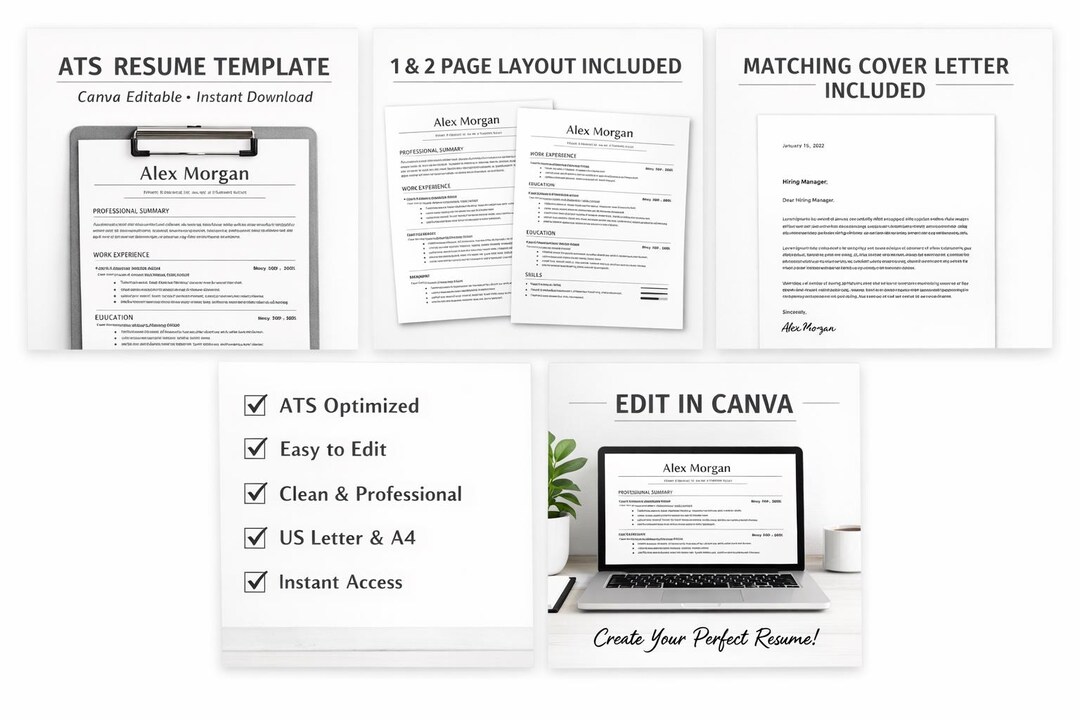 ATS Resume Template Canva Editable, Modern Professional CV for Fresh ...