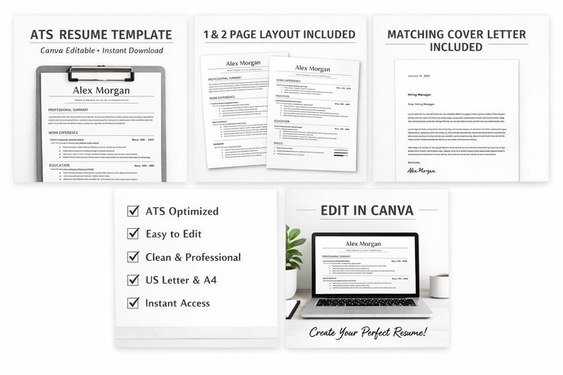 ATS Resume Template Canva Editable, Modern Professional CV for Fresh ...