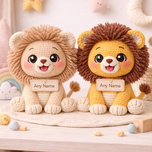 Virkmönster för amigurumi lejon i PDF-format, söt safari-barnrumsdekoration, knubbig lejonleksak, personlig namnbricka, nybörjarvänligt plyschmönster