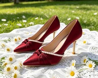 Customized insoles,Burgundy Satin Pearl Bow Pointed Toe Wedding Bridal Stiletto Pumps
