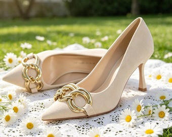 Customized insoles,Beige Suede Gold Chain Pointed Toe Kitten Heels for Women