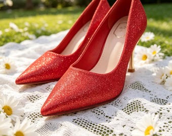 Plantillas personalizadas, tacones de aguja rojos con purpurina y punta afilada / Zapatos de fiesta y boda