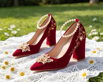 Customized insoles,Burgundy Velvet Pearl Gold Pointed Toe Block Heel Ankle Strap Bridal Pumps