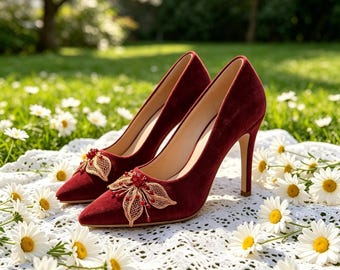 Semelles intérieures personnalisées, escarpins à talons aiguilles en cristal bordeaux velours feuille d'or