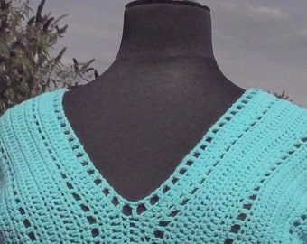 Turquoise Ladies Crochet Long Sleeve V Neck Top
