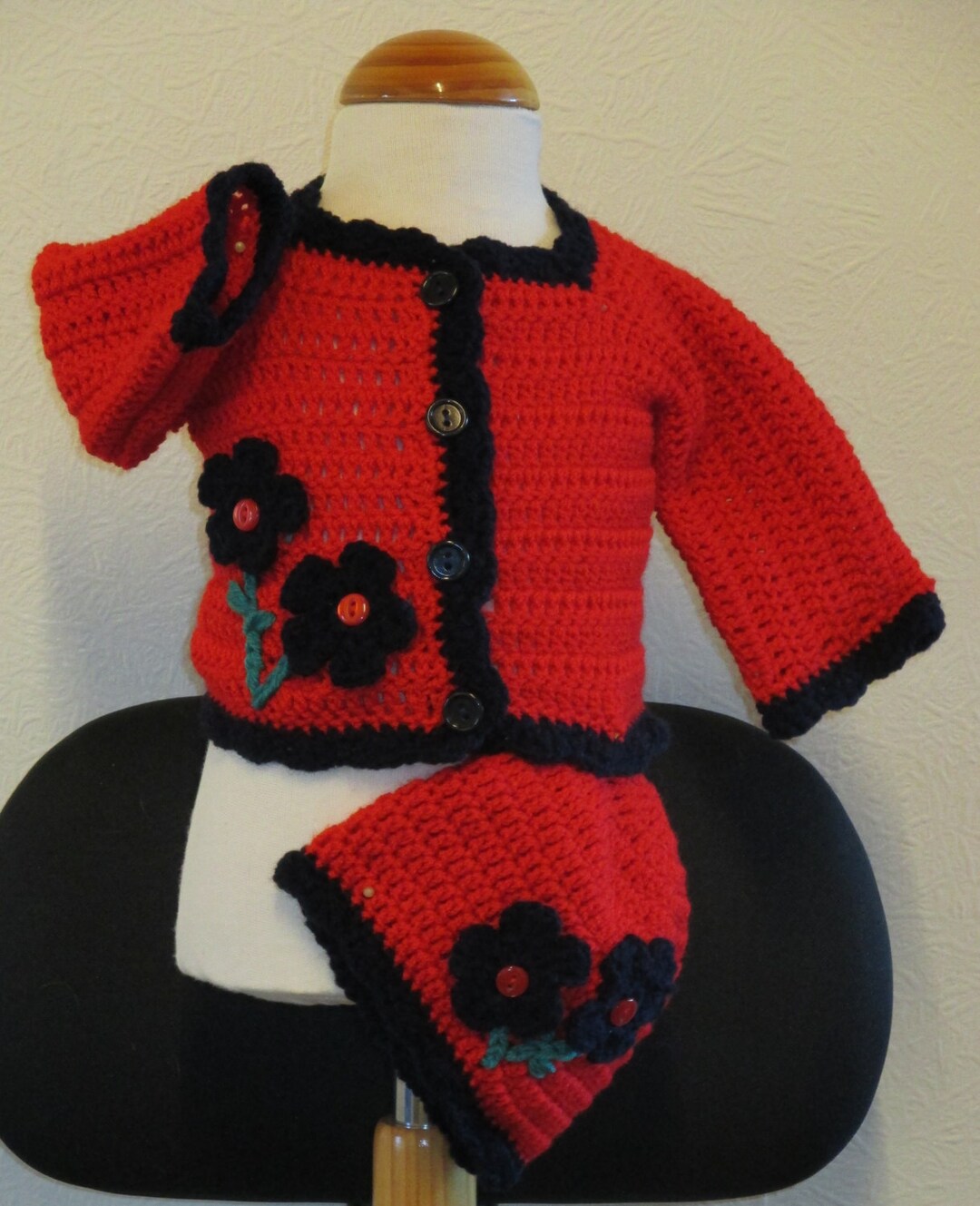 Newborn Crochet Baby Red Cardigan and Hat With Flower Trim - Etsy