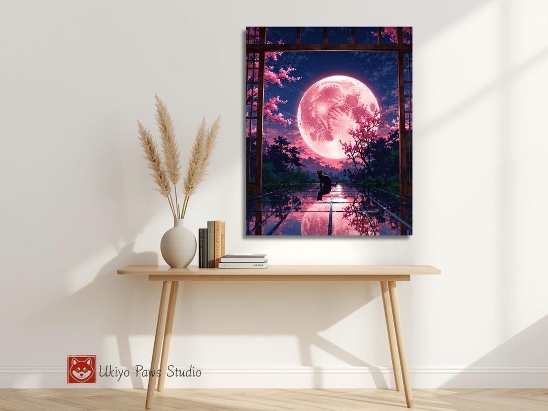Japanese Cat Wall Art, Sakura Night Canvas Print, Black Cat Cherry ...