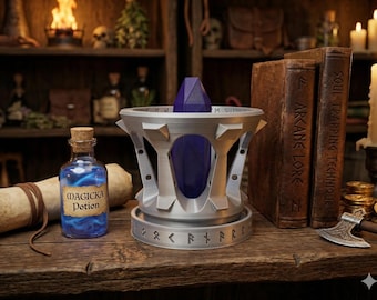Arcane crystal with ancient runic stand - 3d printed mystical soul gem prop - deep purple gem & silver pedestal desk decor