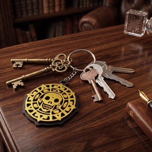 May include: A metal keyring featuring a circular gold-colored medallion with a central skull design and intricate border patterns. The ring holds two antique-style brass skeleton keys and three standard silver-colored metal keys on a chain.