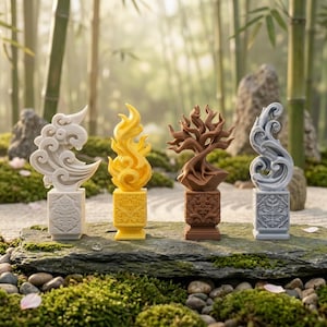 May include: Four decorative sculptures stand on a stone slab. Each features a square base with intricate embossed patterns and a unique top element: a white cloud, a yellow flame, a brown tree, and a grey wave, all crafted in a solid material.