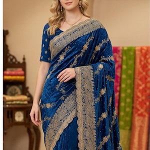 Royal Blue Indian Saree with Gold Zari Border – Luxury Wedding Party Wear Sari