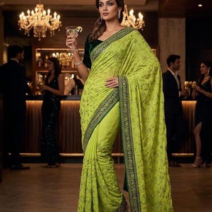 May include: A woman wearing a lime green sari with intricate embroidery and a dark green border. The sari is paired with a dark green velvet top. She is holding a cocktail in a martini glass. The background shows a bar and other people.