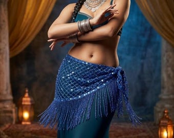 Echarpe de danse orientale, ceinture en maille de sequins avec franges, accessoire de costume de performance