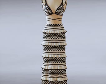 Conjunto de falda playera de punto, conjuntos bohemios a rayas, top corto sin espalda y falda larga.