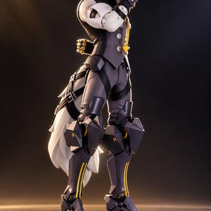 May include: A standing anthropomorphic wolf figurine featuring white fur, a dark grey vest with silver buttons, and dark grey armored leg plating with yellow accents. The character has a large white tail and holds a small gold object near the face.