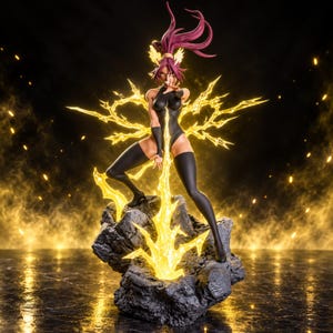 May include: A dynamic anime-style figurine featuring a character with long magenta hair in a high ponytail, wearing a black bodysuit and thigh-high boots. The figure stands on a dark, jagged rock base surrounded by translucent yellow lightning effects.