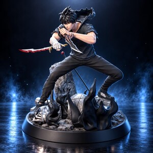 May include: A dynamic anime-style figurine of a character with black hair wearing a black t-shirt and pants. The character holds a red-bladed dagger and a silver blade, standing on a rocky base with black flame-like effects and a metallic helmet.