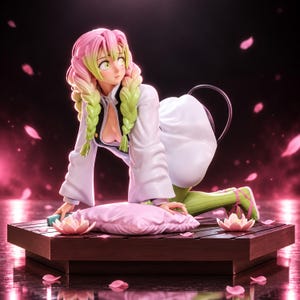 May include: A collectible anime figure of a character with long pink and lime green braided hair, wearing a white jacket and green stockings. The figure is posed kneeling on a pink cushion atop a dark wooden platform with pink lotus flowers.