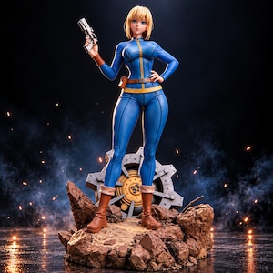 May include: A blonde character figurine wearing a blue jumpsuit with a yellow zip and brown boots, holding a silver pistol. The figure stands on a rocky base in front of a large, circular metallic vault door marked with the number 33 in black.
