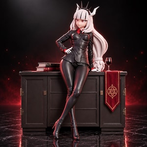 Puede incluir: Una figura coleccionable de PVC de un personaje con largo cabello blanco, una corona negra y ojos rojos, vistiendo una chaqueta de traje negra, camisa roja y leggings negros, de pie junto a un escritorio de madera oscura con dos libros.