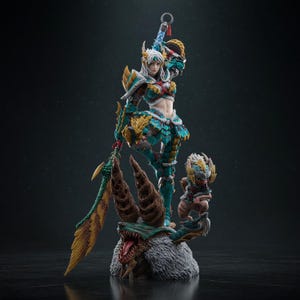 May include: A detailed figurine featuring a warrior in teal and gold armor with white hair, holding a large bladed weapon. Beside the warrior stands a smaller creature, both positioned atop a base shaped like a creature head with brown horns.
