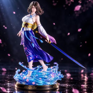 May include: A female character figurine with brown hair, wearing a white top and a long blue skirt with pink floral patterns. The figure holds a long blue sword and stands atop a translucent blue water base decorated with small pink cherry blossoms.