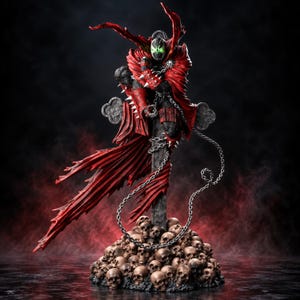 May include: A detailed Spawn action figure featuring a black suit with red accents, a flowing red cape, and spiked gauntlets. The figure stands atop a base composed of numerous human skulls, with a metal chain draped around the central pillar.