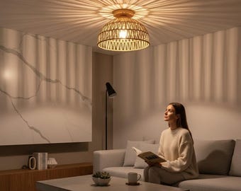 Lámpara de techo de mimbre / Estilo rústico Wabi-Sabi / Iluminación para sala de estar y salón de té