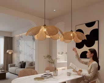 Lustre nordique en bambou tressé à la main avec suspension Lotus | Lampe suspendue pour chambre à coucher et salle à manger