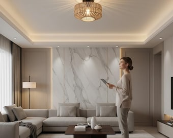 Lámpara de techo de bambú natural / Lámpara colgante de ratán hecha a mano / Araña de techo tejida / Iluminación minimalista