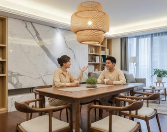 Handwoven Bamboo Pendant Light | Rustic Wabi Sabi Ceiling Light for Dining Room, Bedroom Decor