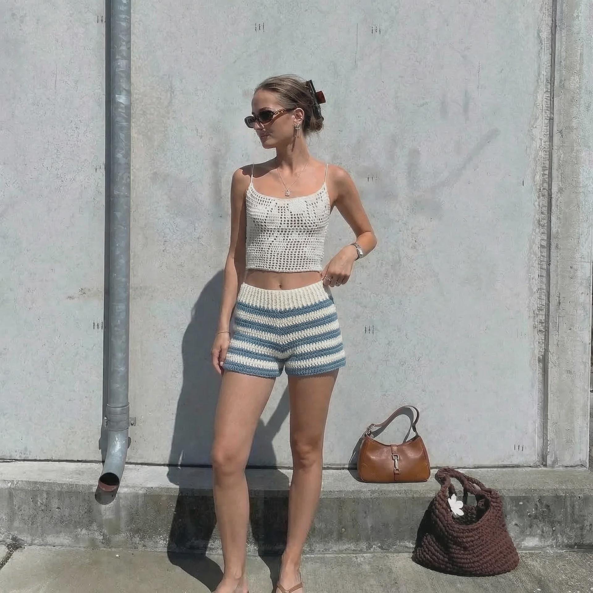 30 Women’s Crochet Shorts Patterns To Make Before Summer Hits 32 Blue and White Striped Mini Shorts