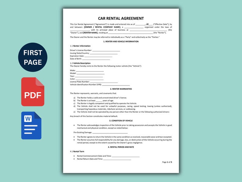 Editable Car Rental Agreement Template (WORD, PDF) - Etsy