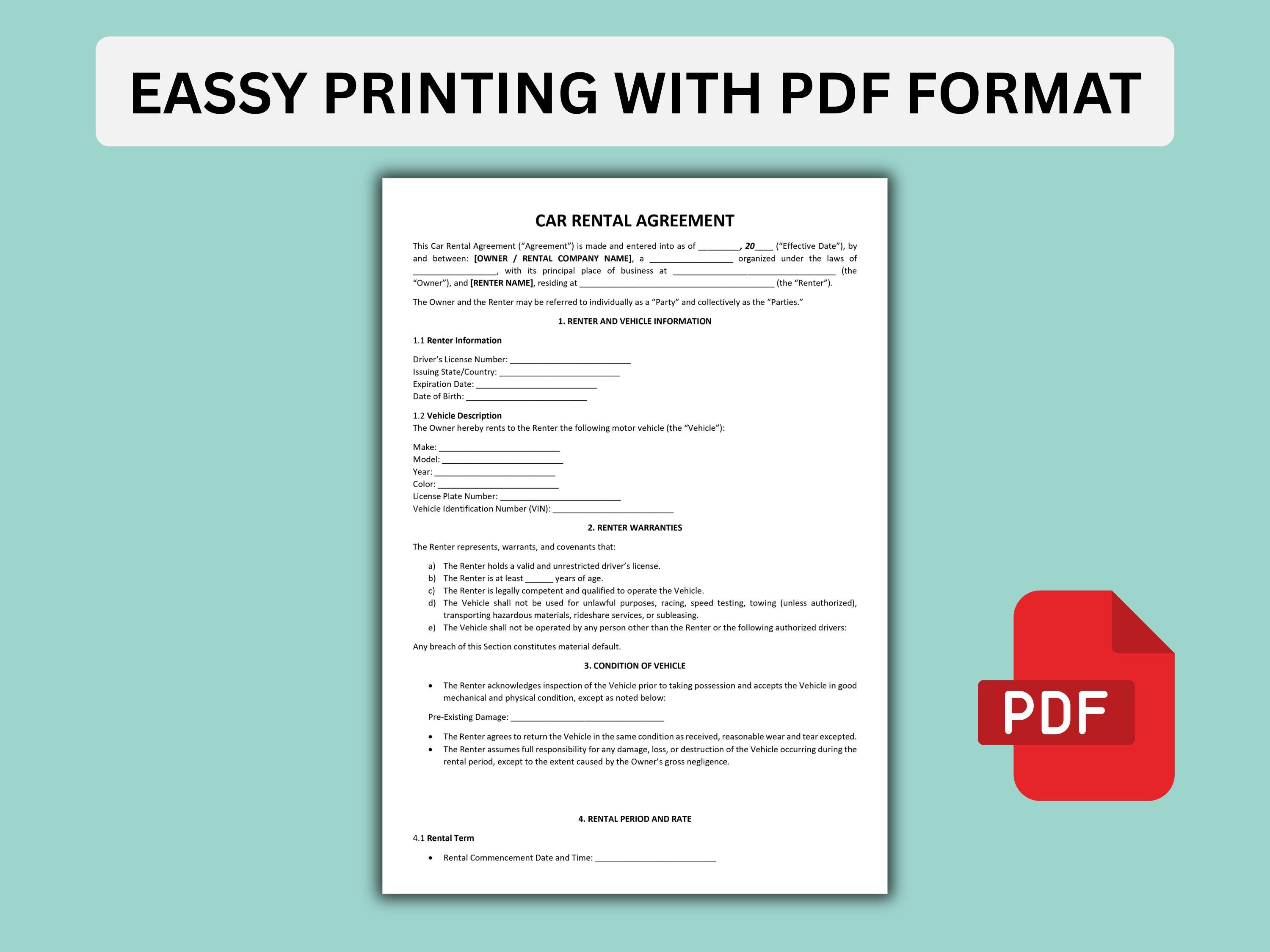 Editable Car Rental Agreement Template (WORD, PDF) - Etsy