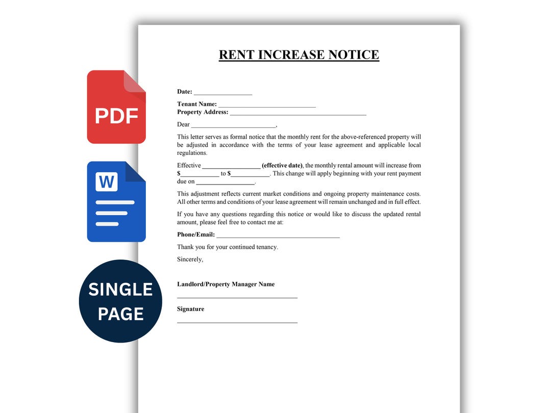 Simple Blank Rent Increase Form.pdf Editable Rent Increase Notice Template (MS Word, PDF) - Etsy