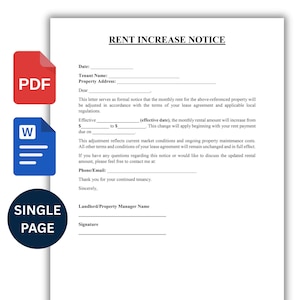 Puede incluir: Un documento blanco titulado "AVISO DE AUMENTO DE ALQUILER" con campos rellenables para la información del inquilino. Los iconos de PDF, documento de Word y "SINGLE PAGE" están a la izquierda. El documento es un aviso formal de un aumento de alquiler.