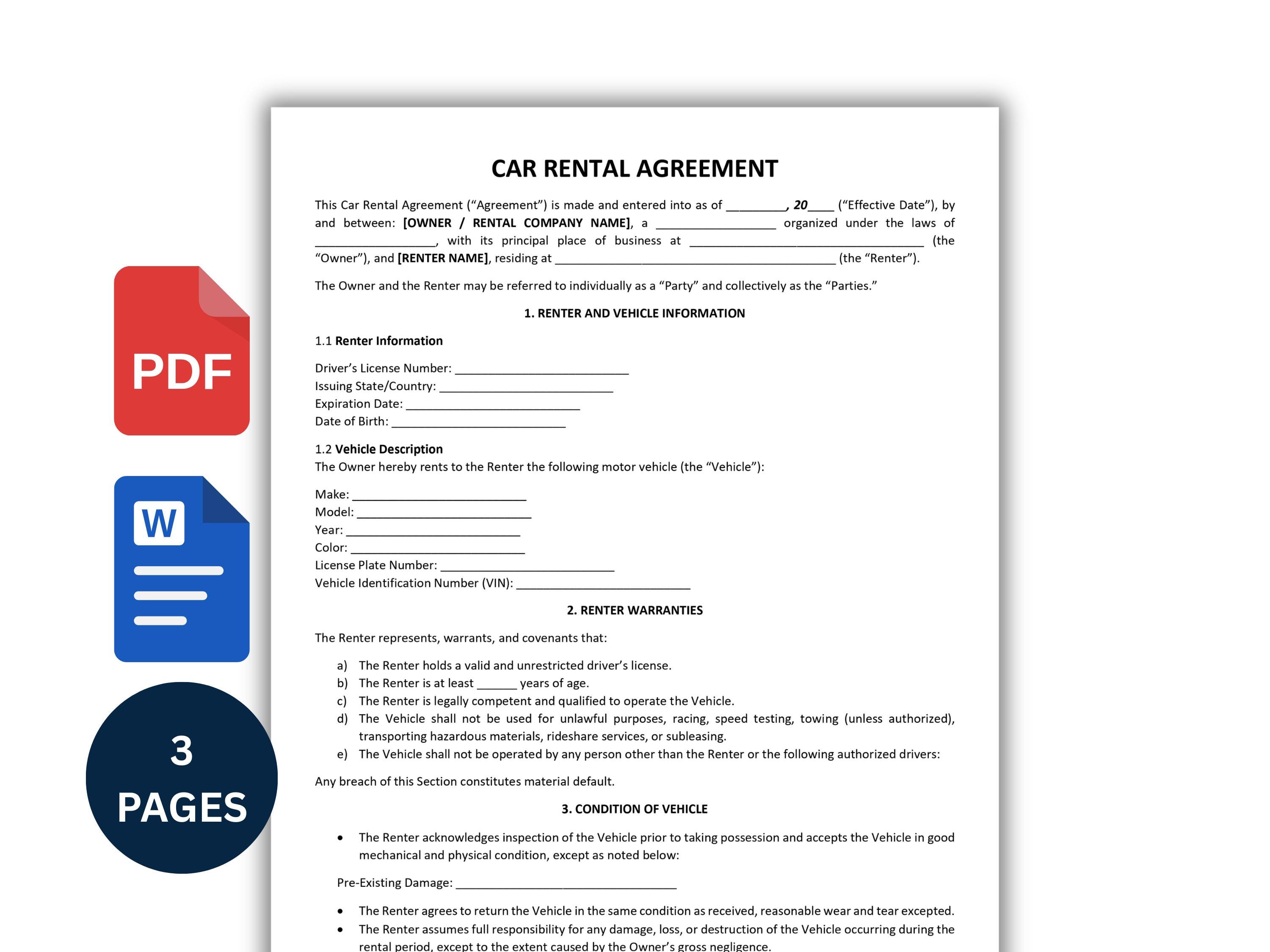 Editable Car Rental Agreement Template (MS Word) – Vehicle Rental ...