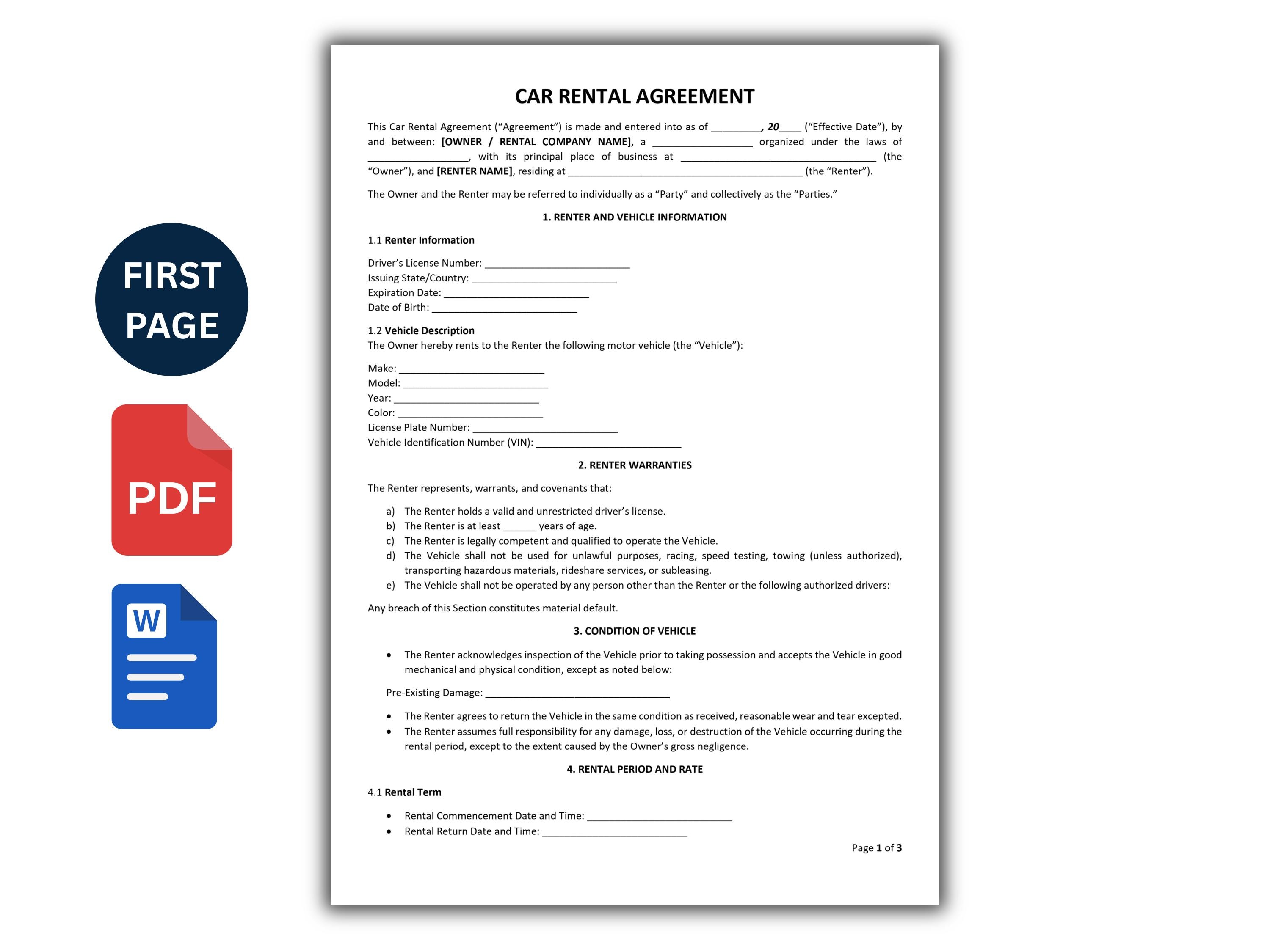 Editable Car Rental Agreement Template (MS Word) – Vehicle Rental ...