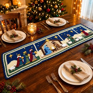 May include: A rectangular crochet table runner featuring a nativity scene with the three wise men, a manger with Mary, Joseph, and the infant, and a shepherd with sheep, all set against a dark blue night sky with yellow stars and a border.