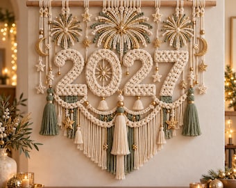 Patrón de macramé para Año Nuevo 2027 en PDF, tapiz celestial con estrellas, lunas y fuegos artificiales, decoración navideña bohemia para hacer tú mismo.