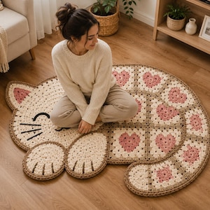 Könnte beinhalten: Ein großer, runder, handgefertigter Häkelteppich in Katzenform. Der Teppich hat ein cremefarbenes Gesicht mit schwarzen Garnschnurrhaaren, rosa Innenohren und einen Körper aus quadratischen Motiven in Beige-, Creme- und rosa Herztönen.